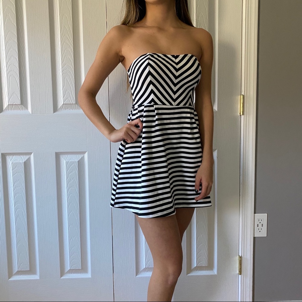 Strapless Black & White Striped Dress w/Pleats